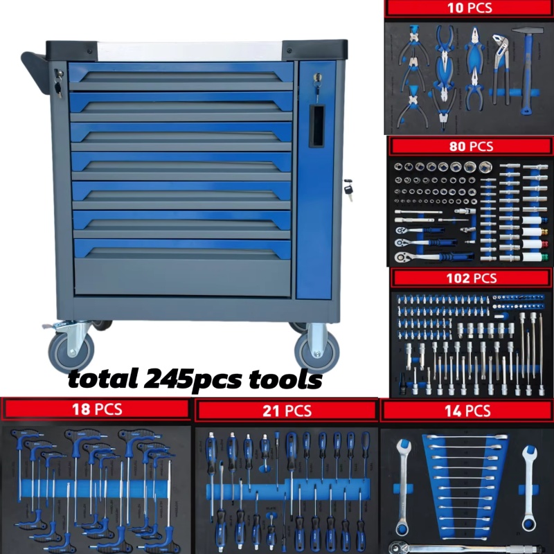 Workshop Tools Storage - 7-Schubladen Abschließbarer Rollender Stahl-Werkzeugschrank Garagenaufbewahrungswagen 300kg